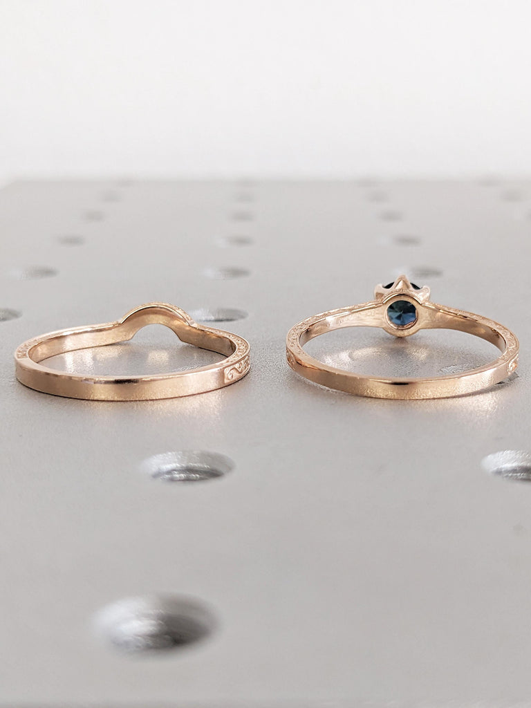 Filigree Engagement Ring Set, 14k Rose Gold Filigree Ring, Teal Sapphire Rings for Women, Blue Green Sapphire Ring, Wedding Anniversary Ring