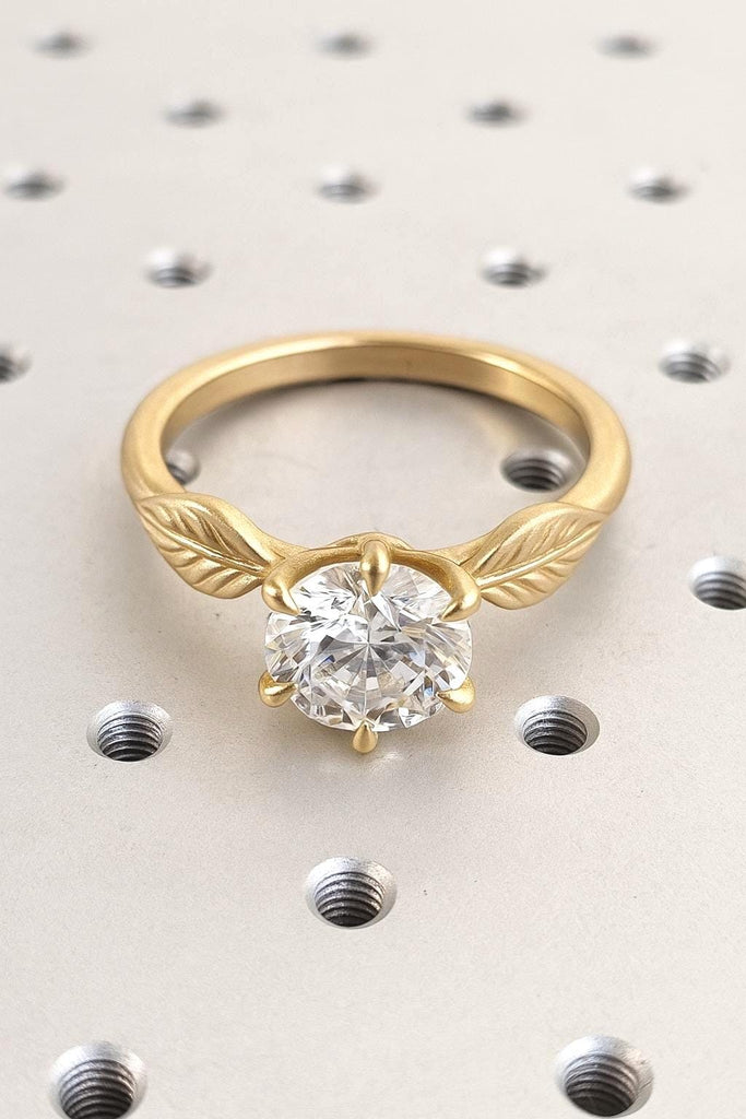 Unique Moon Leaf Nature Inspired Wedding Ring | 1ct Round Diamond Moissanite Engagement Ring | 14k Solid Gold Bridal Ring Women