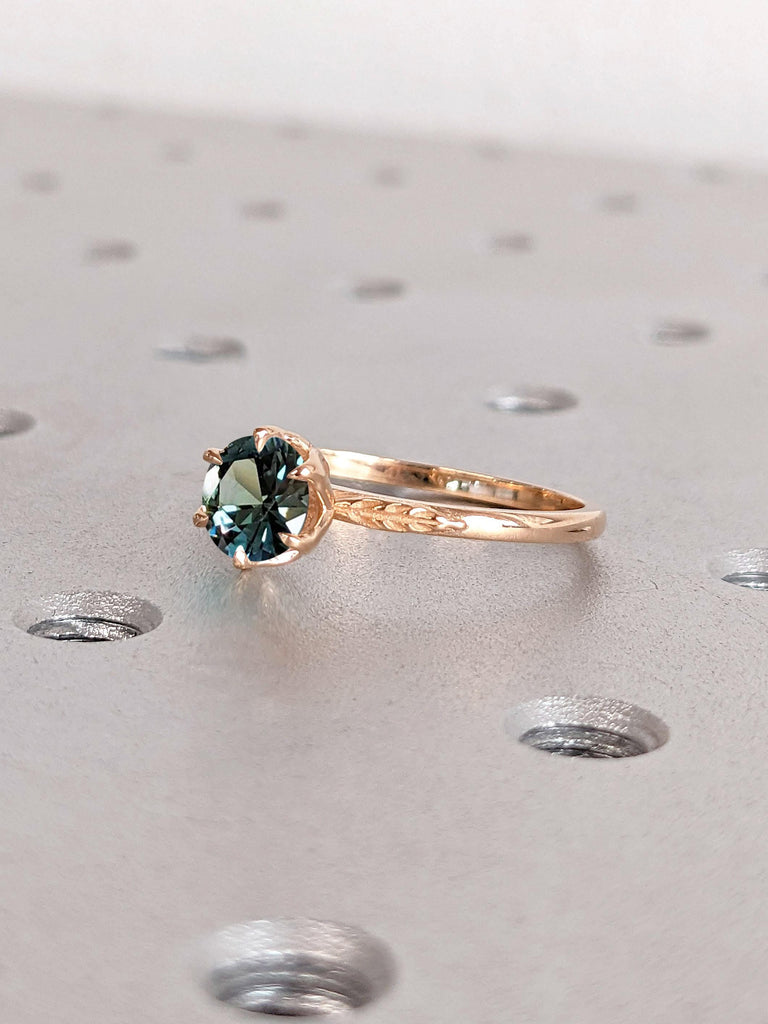 Round Blue Green Sapphire Engagement Ring | Genuine Sapphire Anniversary Ring | Solitaire Ring for Anniversary Gift | Round Cut Proposal Ring