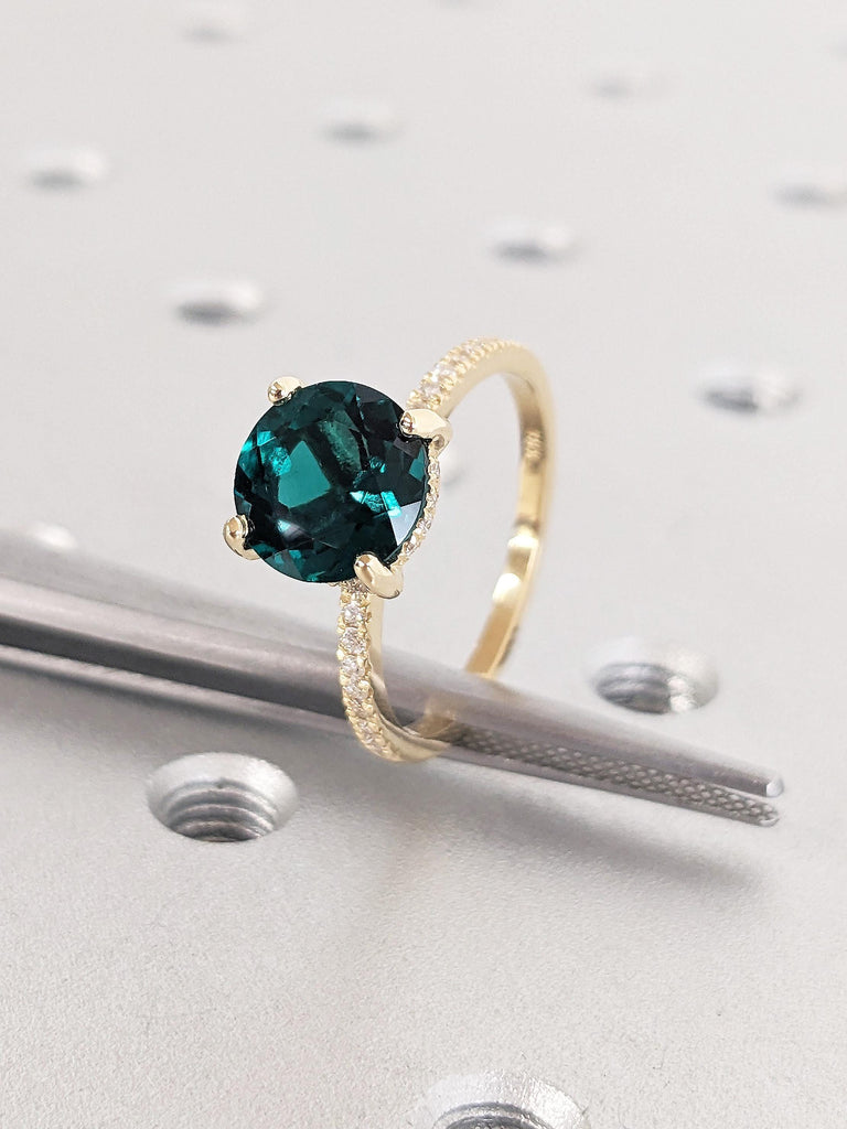18K Yellow Gold Emerald Engagement Ring, Round Hidden Halo Diamond Wedding Ring, Modern Statement Jewelry, Unique Proposal Ring for Her