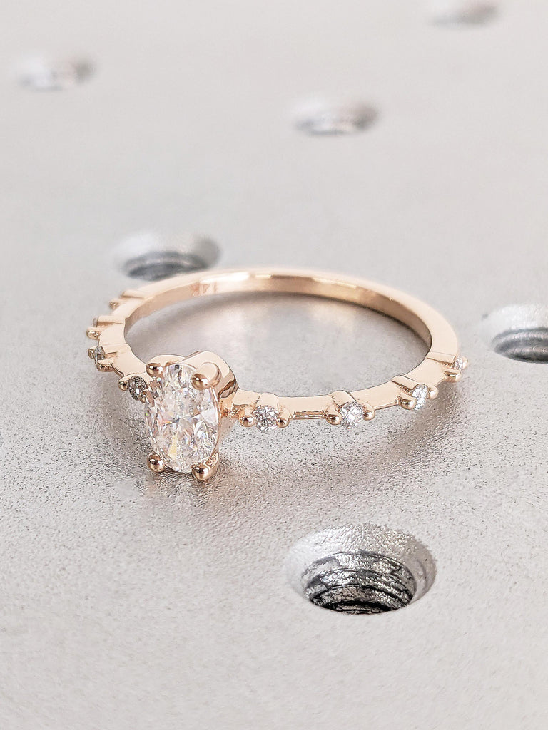Vintage Oval Cut Moissanite Engagement Ring, Classic 14K Solid Rose Gold Moissanite Bridal Ring, Thin Wedding Ring, Anniversary Promise Ring