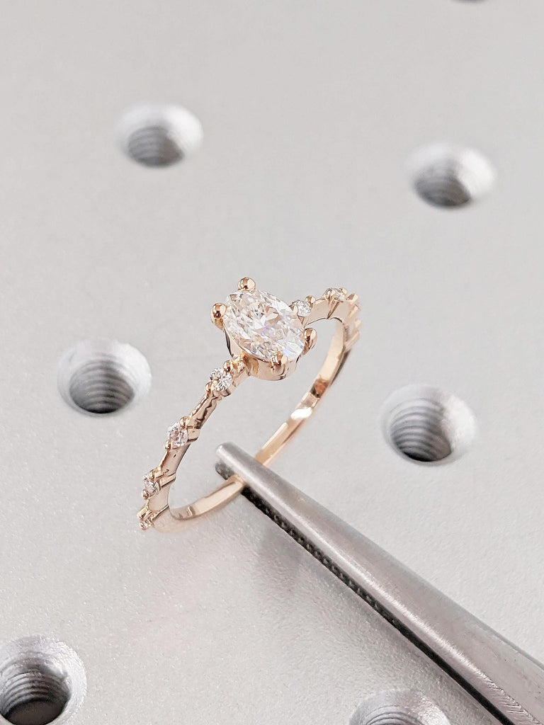 Vintage Oval Cut Moissanite Engagement Ring, Classic 14K Solid Rose Gold Moissanite Bridal Ring, Thin Wedding Ring, Anniversary Promise Ring