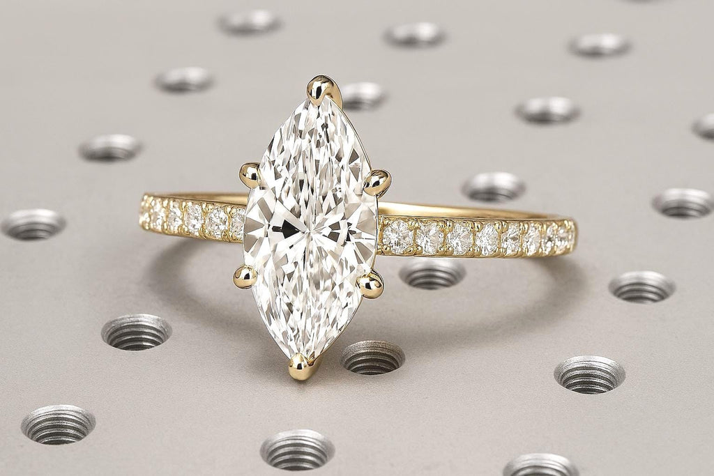 1 Carat Certified Man Made Diamond Ring | Marquise cut Engagement Ring | CVD Diamond Paved Half Eternity Ring | 14k Yellow Gold Rings for Women