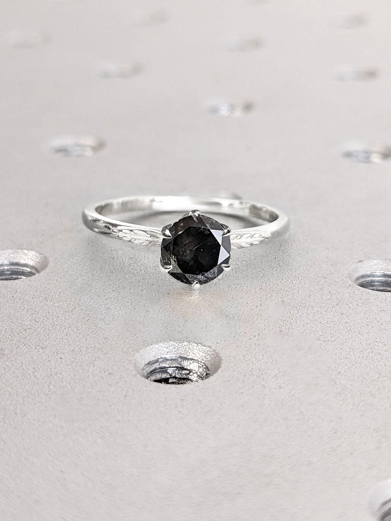 Antique Floral Tulip Setting Engagement Ring | 1 CT Round Cut Salt and Pepper Black Diamond Ring, Petal 6 Prong 18k White Gold Promise Ring