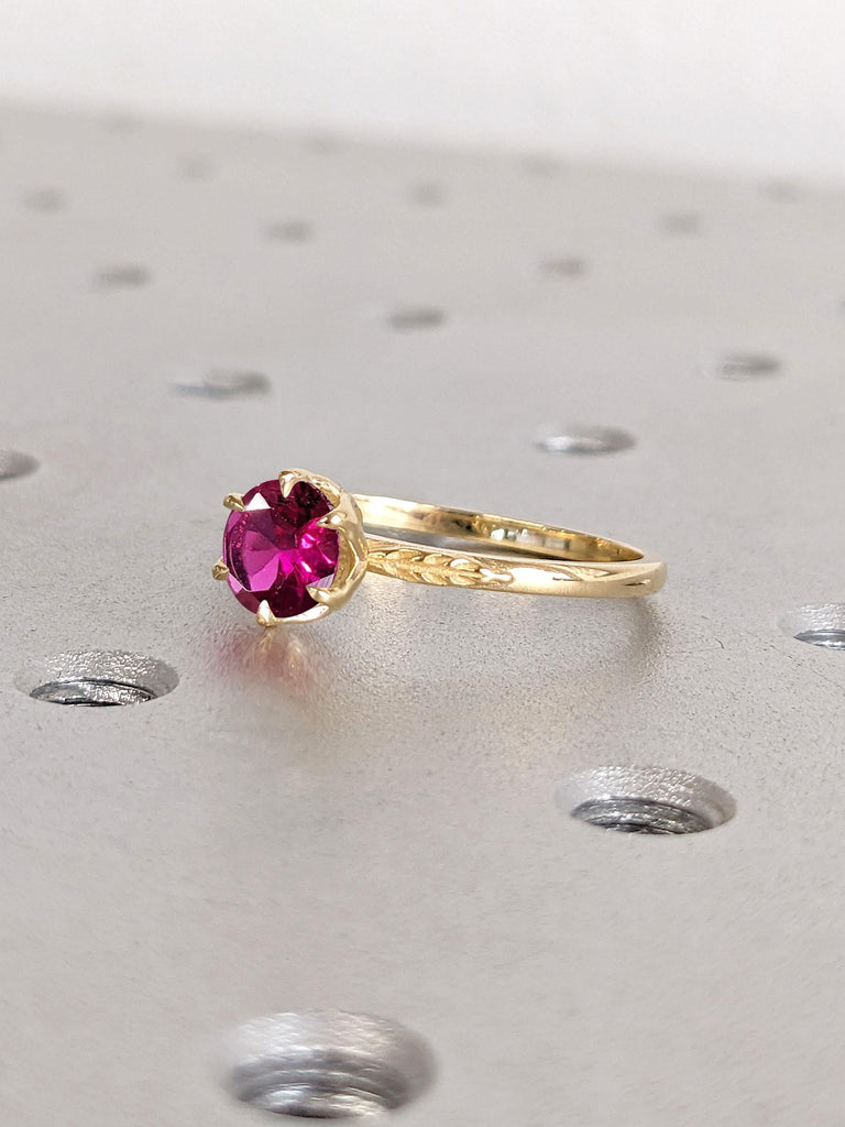 Nature Inspired 18k Gold Rings for Women | Round Cut 1 Carat Ruby Solitaire Engagement Ring | Delicate Engagement Ring