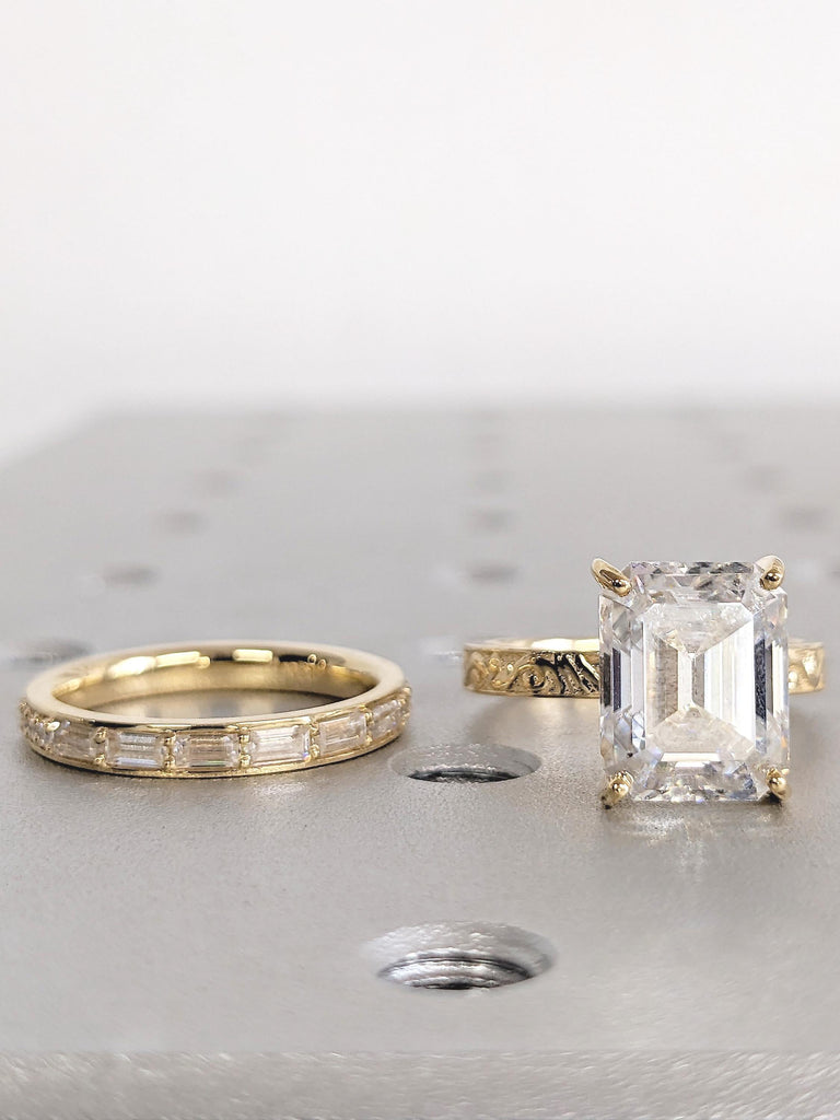 Emerald Cut Moissanite Ring Set, 18k Solid Gold Ring Set, Dainty Baguette Ring, Stacking Ring, Filigree Gold Statement Ring, Engagement Gift