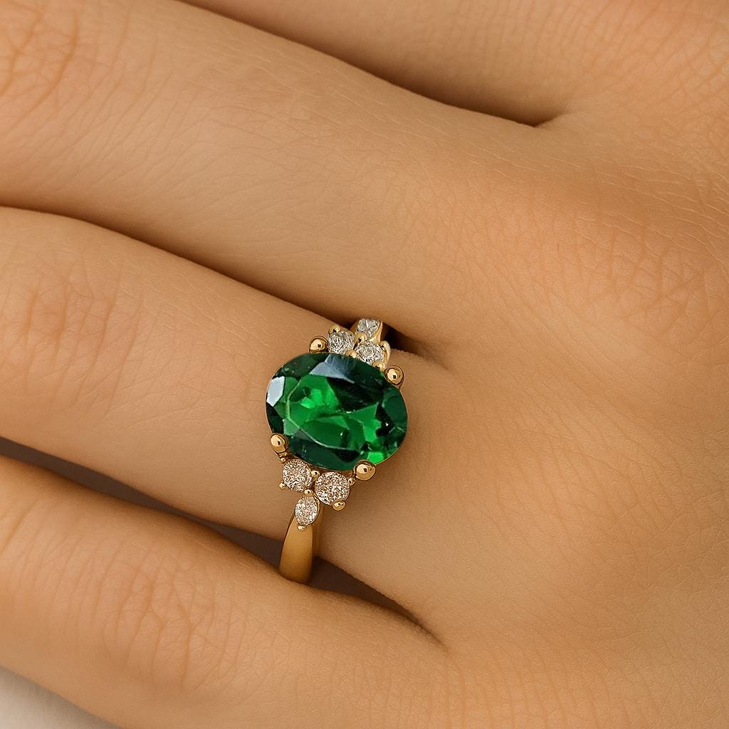 Lab Emerald and Diamond Cluster Ring, May Birthstone Ring, Green Gemstone Ring