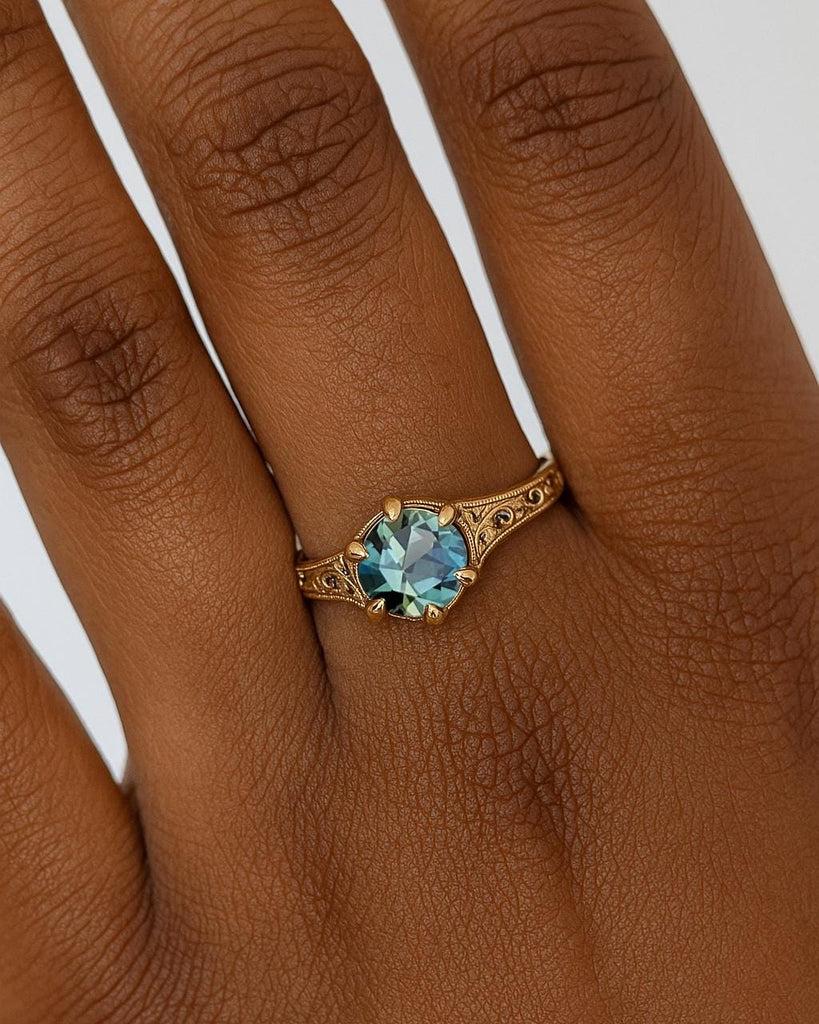 Art Deco Teal Sapphire Engagement Ring / 14K Gold Vintage Filigree Wedding Ring / Blue Green Gemstone Ring September Birthstone Gift for Her