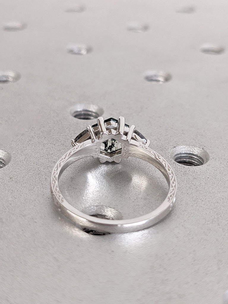 Green Moss Agate & Grey Diamond Engagement Ring | 14k White Gold Unique Mossy Ring | Alternative Green Gemstone Ring, Handmade Filigree Ring