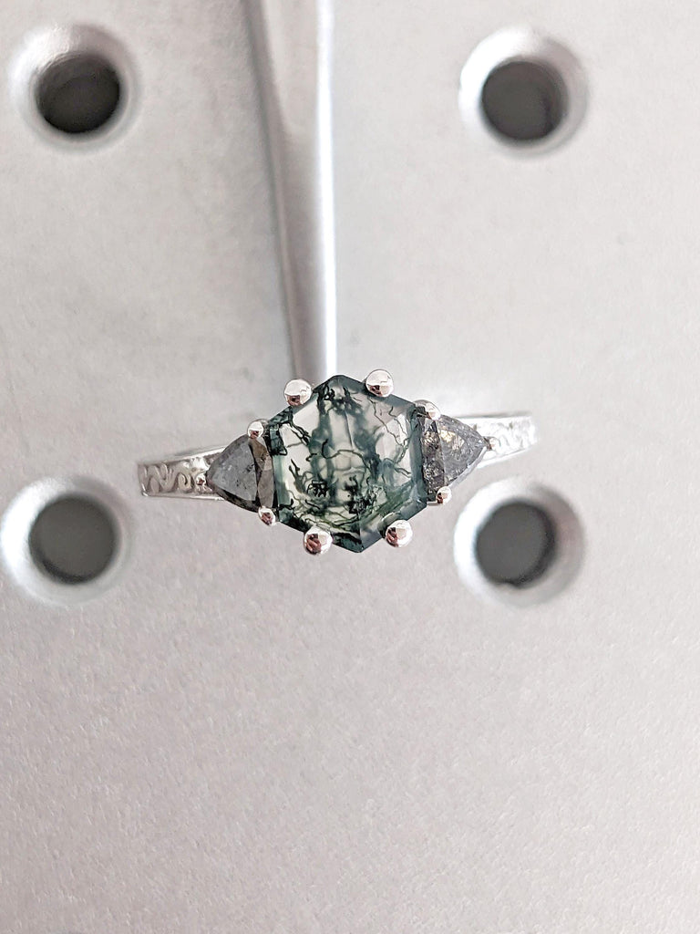 Unique Hexagon Cut Green Moss Agate Engagement Ring | Vintage 14k White Gold 1 Carat Gemstone Ring | Art Deco Bridal Ring Vintage Filigree Ring