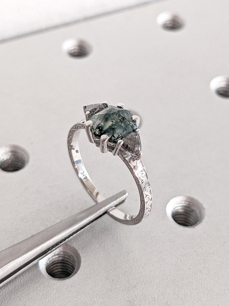 Green Moss Agate & Grey Diamond Engagement Ring | 14k White Gold Unique Mossy Ring | Alternative Green Gemstone Ring, Handmade Filigree Ring