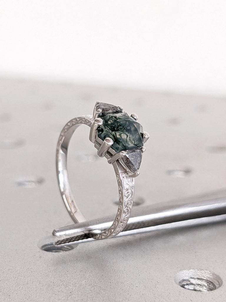Handmade Vintage Filigree Wedding Ring for Her | Hexagon cut Moss Agate 1 Carat Engagement Ring | Triangle Salt and Pepper Diamond Ring