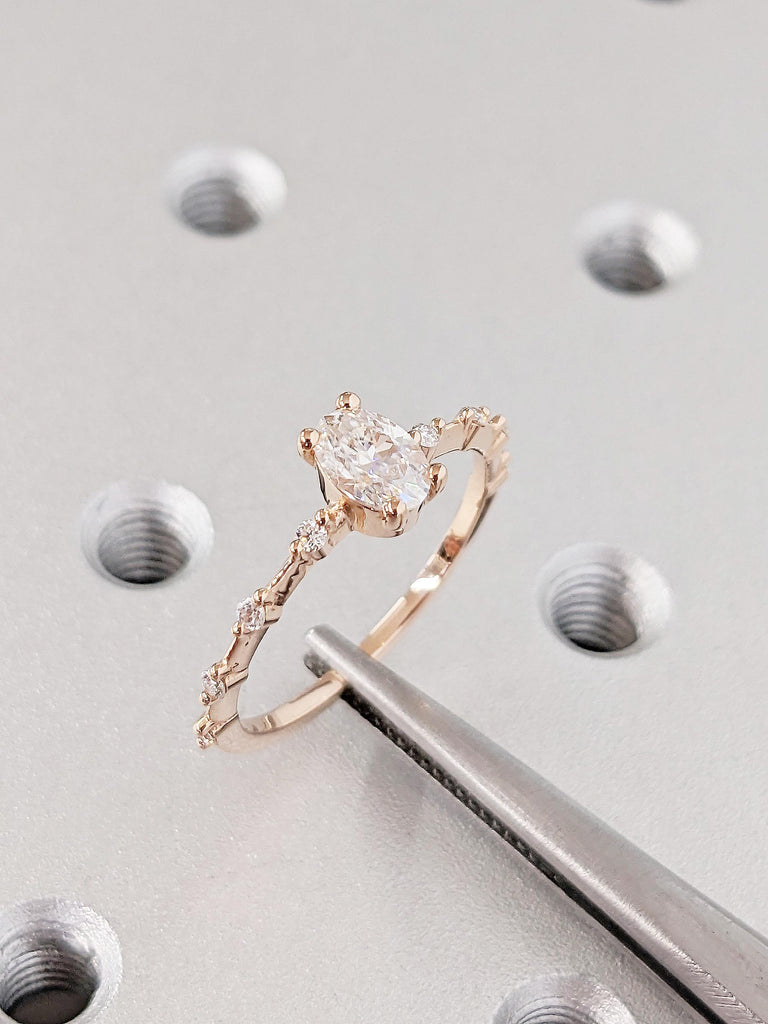 14K Solid Rose Gold Oval Cut Moissanite Engagement Ring, Classic Moissanite Bridal Ring, Handmade Dainty Wedding Band, Custom Proposal Ring