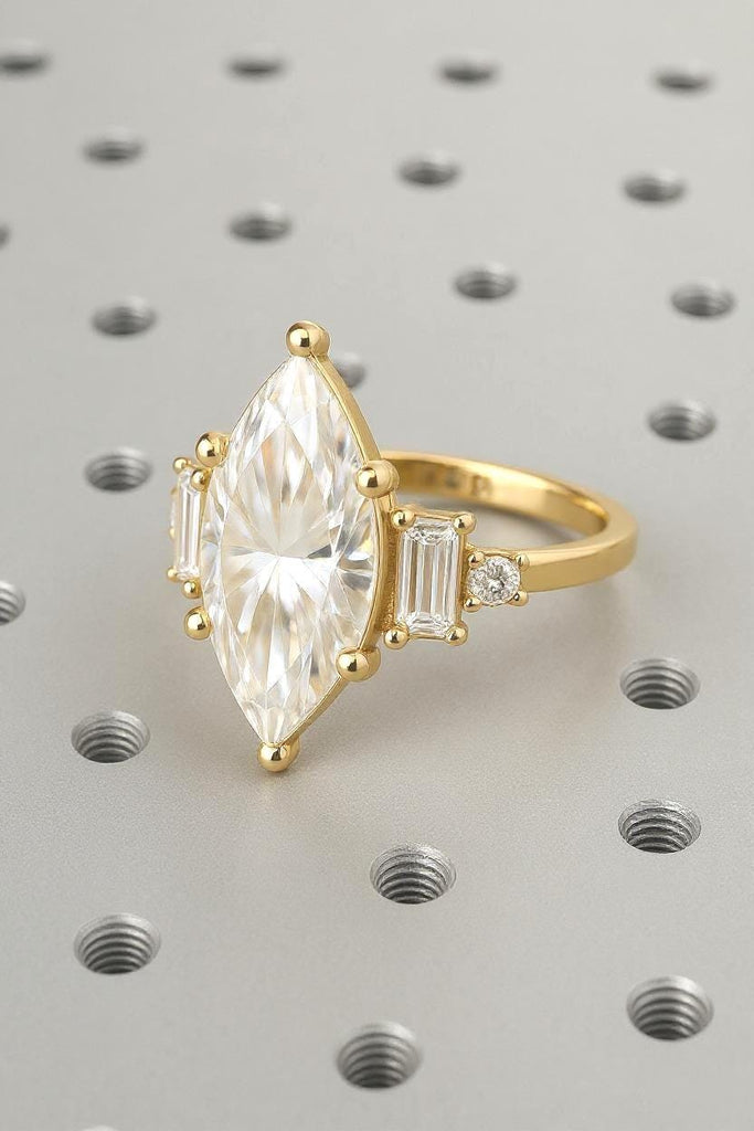 1.5ct White Moissanite Engagement Ring in 14k Yellow Gold | Art Deco Promise Anniversary Ring for Her | Baguette Ring | Moissanite Gold Ring