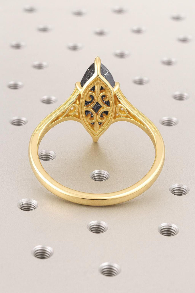 Solid Yellow Gold Marquise Cut Solitaire Ring | 2CT Marquise Cut Natural Black Diamond Engagement Ring | Filigree Wedding Ring | 6 Prongs Anniversary Diamond Ring For Her