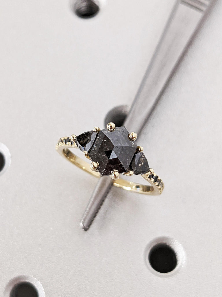 Rose Cut Salt and Pepper Diamond Engagement Ring, Trillion Diamond Wedding Ring, 14K Solid Yellow Gold Diamond Pave Band, Ombre Diamond Ring