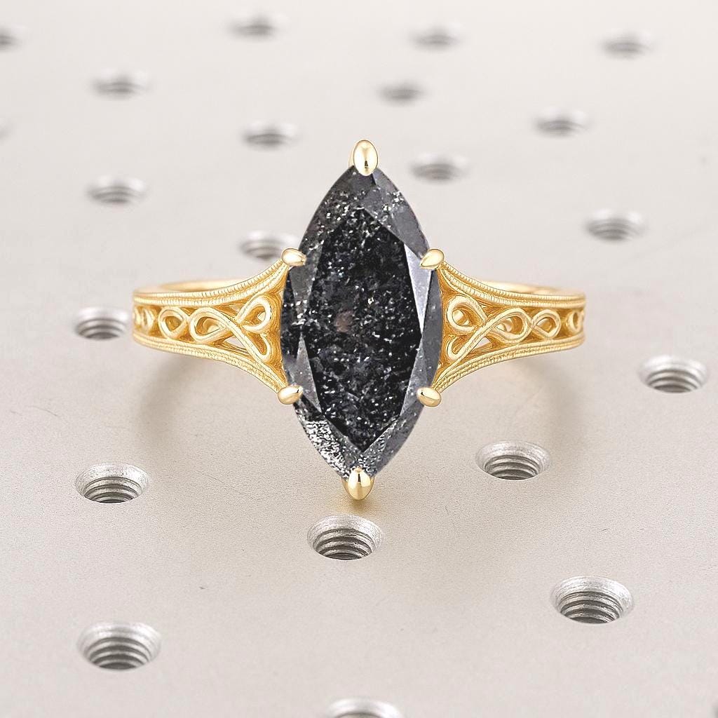 Marquise cut Salt and Pepper Galaxy Diamond Vintage Engagement Ring | Genuine Diamond Anniversary Ring | Unique Proposal Ring for Her | Six Prong Setting Ring Gift