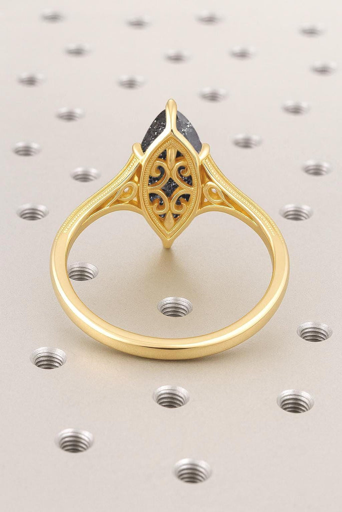 Solid Yellow Gold Marquise Cut Solitaire Ring | 2CT Marquise Cut Natural Black Diamond Engagement Ring | Filigree Wedding Ring | 6 Prongs Anniversary Diamond Ring For Her