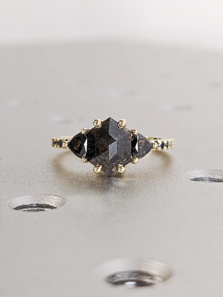 Rose Cut Salt and Pepper Diamond Engagement Ring, Trillion Diamond Wedding Ring, 14K Solid Yellow Gold Diamond Pave Band, Ombre Diamond Ring