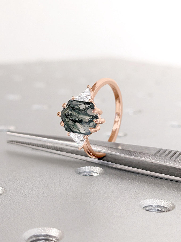 14k Rose Gold Rings for Women | 1ct Natural Moss Agate Gold Ring | Hexagon Engagement Ring | Nature Inspired Vintage Ring | Green Healing Gemstone Ring