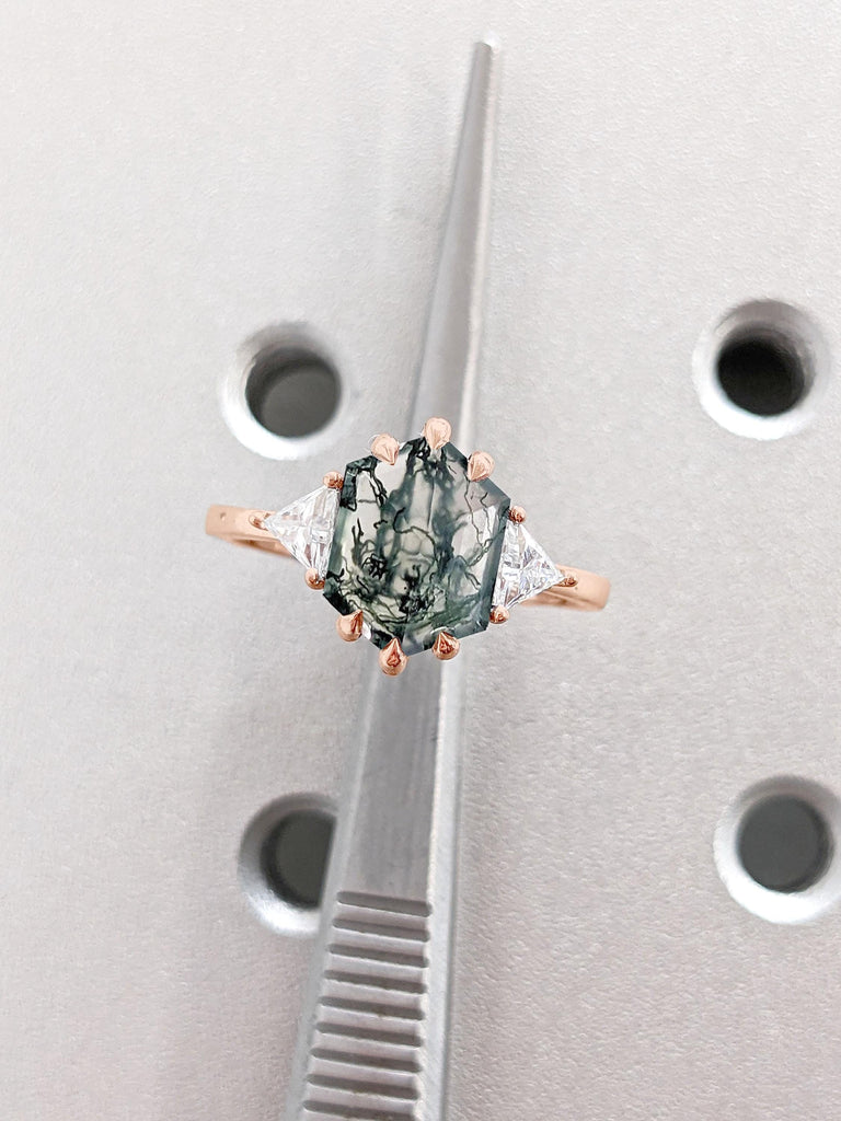Green Moss Agate & Diamond Engagement Ring | 14k Rose Gold Unique Mossy Ring | Alternative Green Gemstone Ring, Handmade Ring