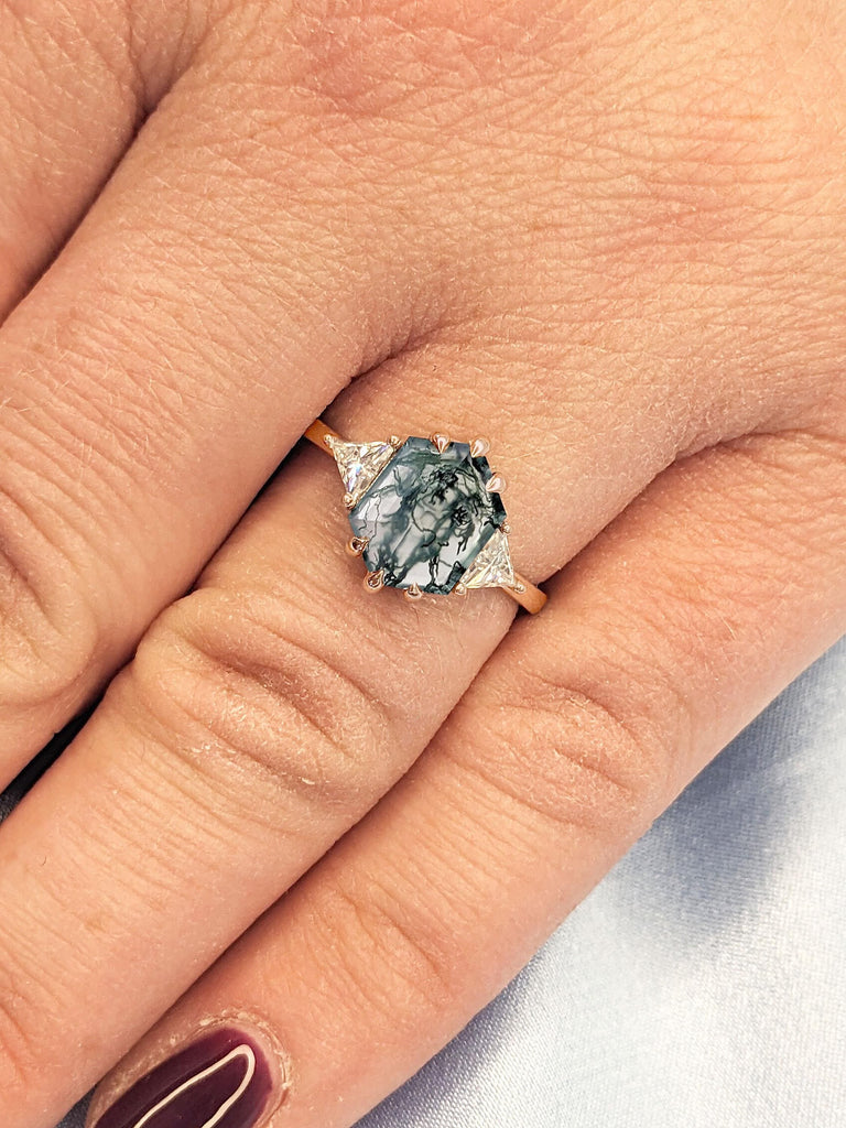 14k Rose Gold Rings for Women | 1ct Natural Moss Agate Gold Ring | Hexagon Engagement Ring | Nature Inspired Vintage Ring | Green Gemstone