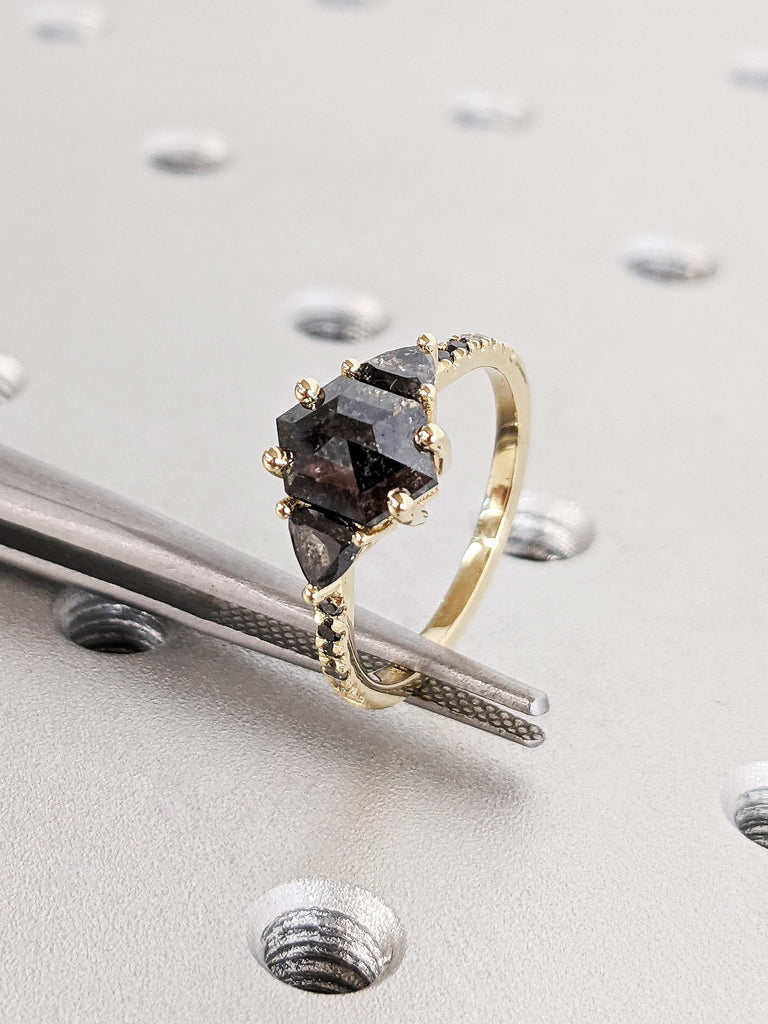 14K Yellow Gold Geometric Trillion Diamond Wedding Ring, Hexagon Cut Salt and Pepper Diamond Engagement Ring, Galaxy Diamond Wedding Ring