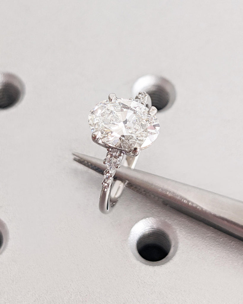 1.5ct Lab Grown Diamond Engagement Ring, Vintage Oval Lab Diamond Promise Ring, Platinum or 14K Solid Gold Wedding Ring Diamond Cluster Ring