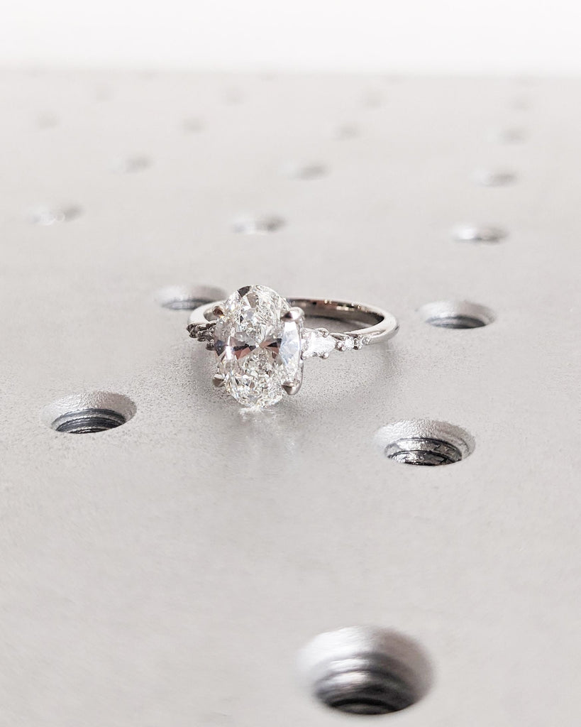 1.5ct Lab Grown Diamond Engagement Ring, Vintage Oval Lab Diamond Promise Ring, Platinum or 14K Solid Gold Wedding Ring Diamond Cluster Ring