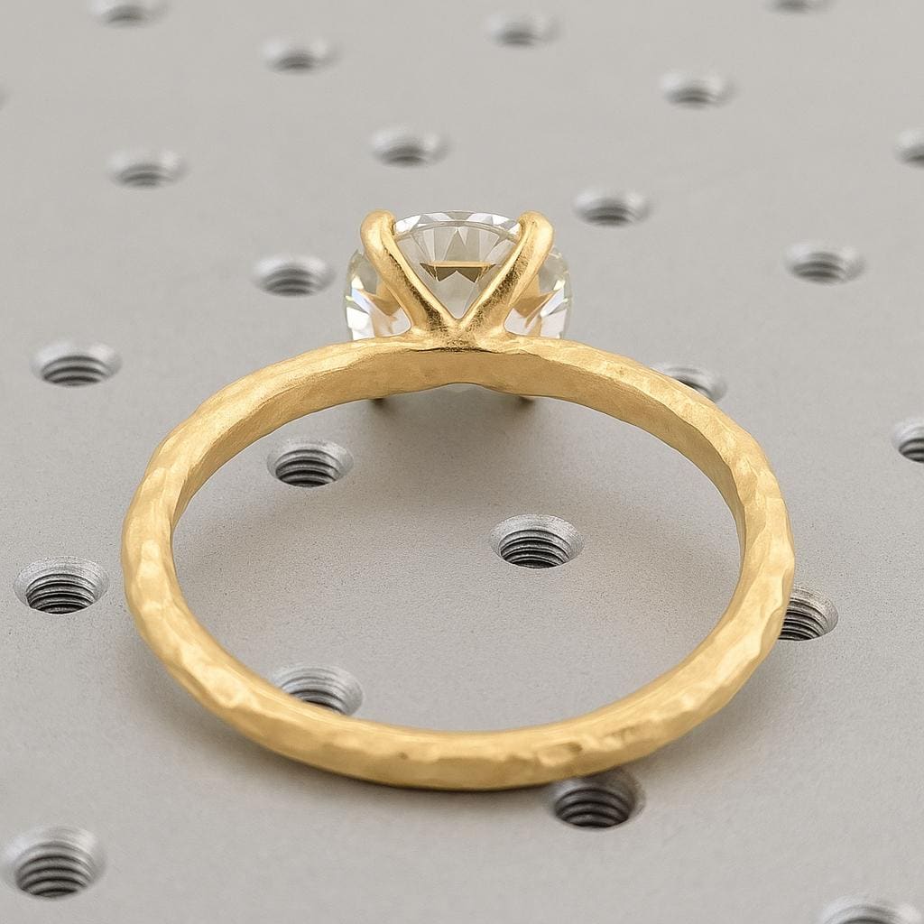 Round Moissanite Women's Promise Ring, 14K Gold Solitaire Moissanite Ring, Hammered Band Flush Set Diamond Engagement Ring, Anniversary Ring