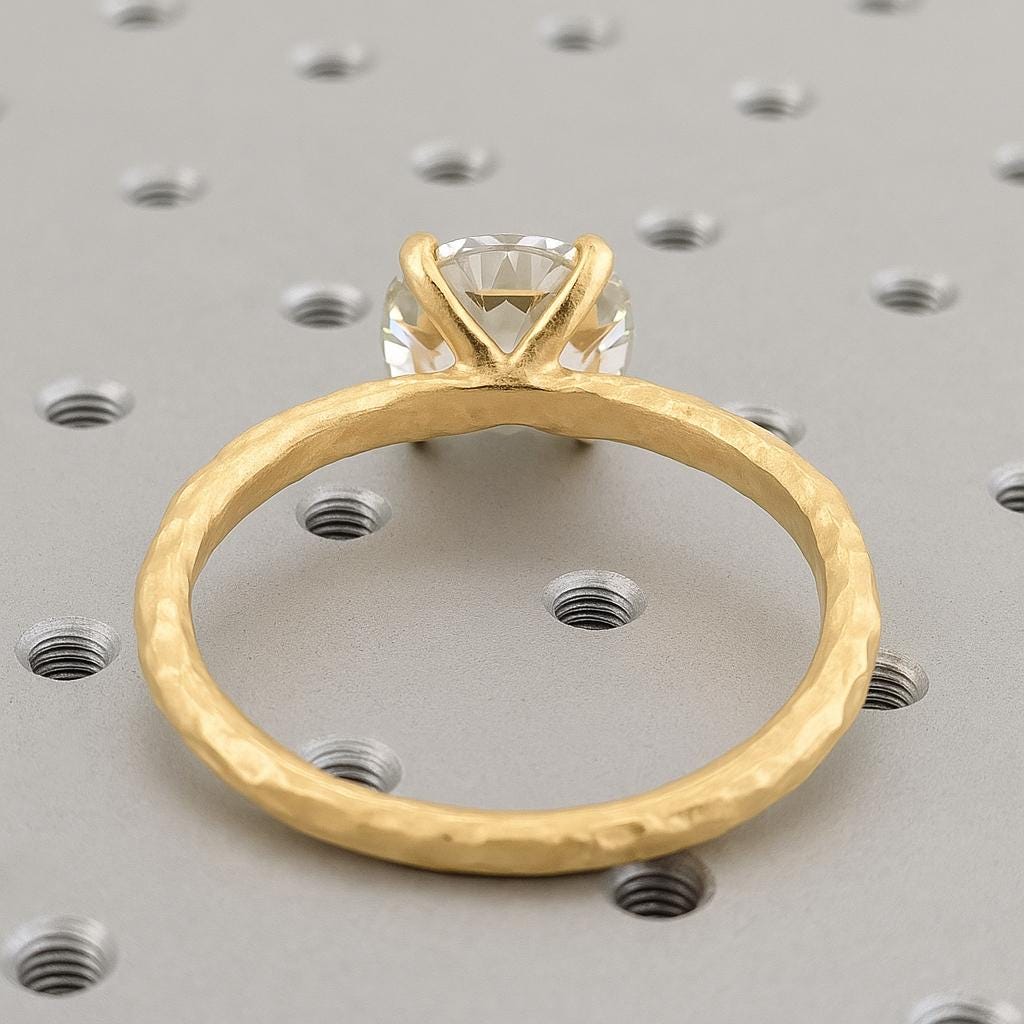Moissanite Solitaire Ring, 14K Gold Round Moissanite Engagement Ring, Classic 4-Prong Promise Ring, Flush Set Moissanite, Hammered Band Ring