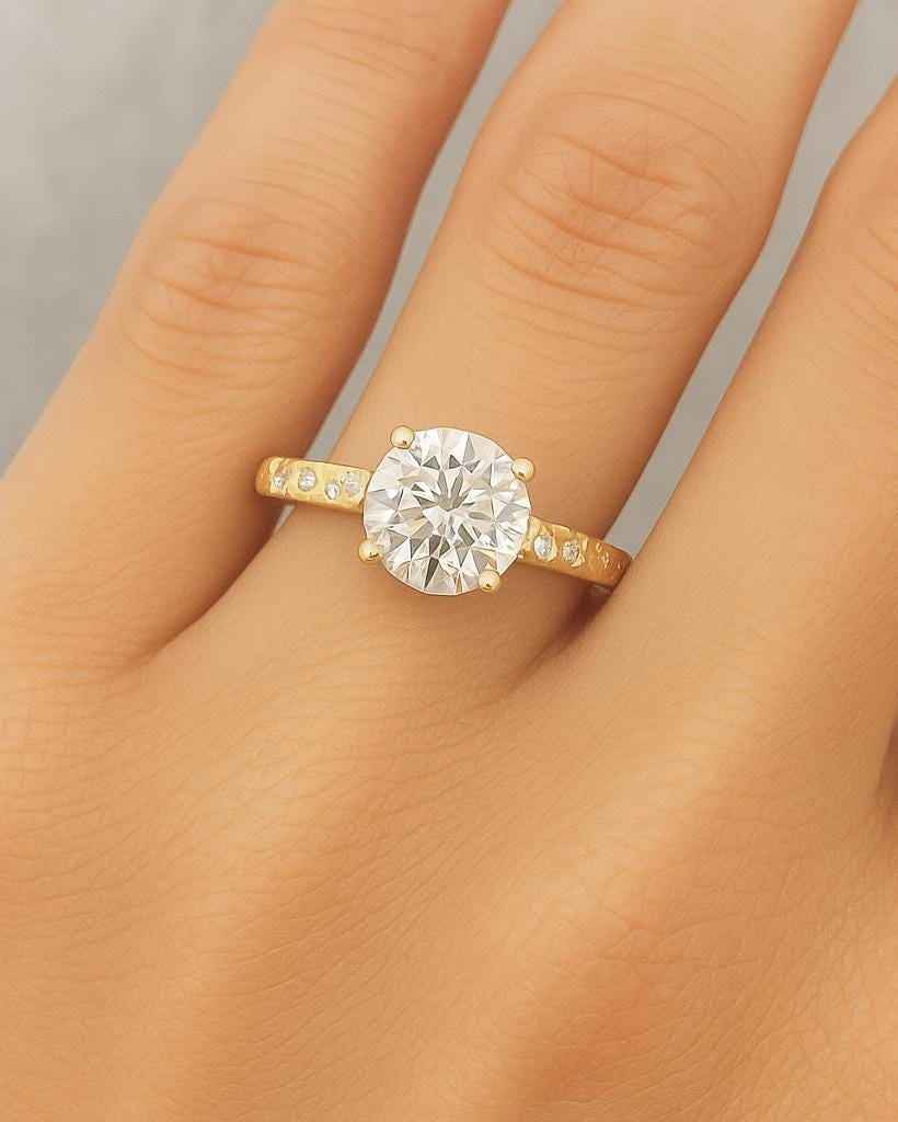 Moissanite Solitaire Ring, 14K Gold Round Moissanite Engagement Ring, Classic 4-Prong Promise Ring, Flush Set Moissanite, Hammered Band Ring