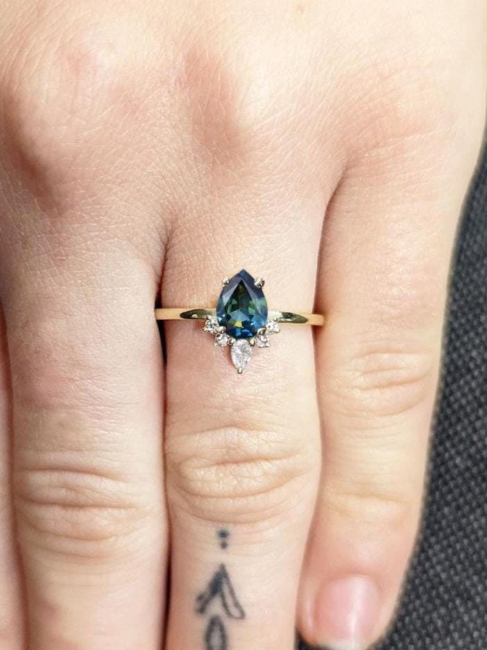 1 Carat Pear cut Blue Green Sapphire Wedding Anniversary Ring for Wife | Natural Gemstone Engagement Ring | 14k 18k Gold Ring