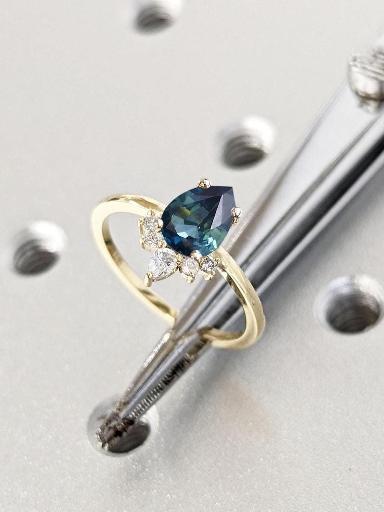 Delicate Engagement Ring in 14k Yellow Gold | Natural Sapphire Ring | Green Sapphire Solitaire | Moissanite Halo Ring