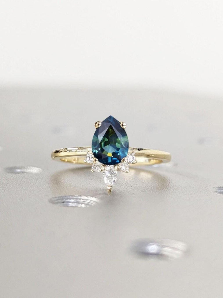 Unique Teal Sapphire and Diamond Engagement Ring | Half Halo Sapphire Ring | 14k Yellow Gold Rings for Women | Simple Promise Ring, Pear cut