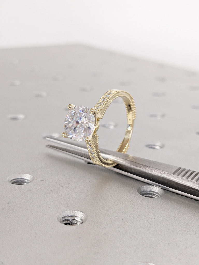 Lab Grown Diamond Engagement Ring, 14k Solid Gold Ring, Gold Engagement Ring, Vintage Lab Diamond Ring, Handmade Rings, Round Diamond Ring image #4
