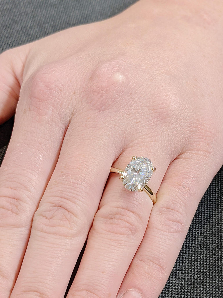 Crushed Ice Oval Moissanite Engagement Ring, 14K Yellow Gold Thin Band Solitaire, Dainty Promise Ring, Gold Rings for Women, Gift For Her