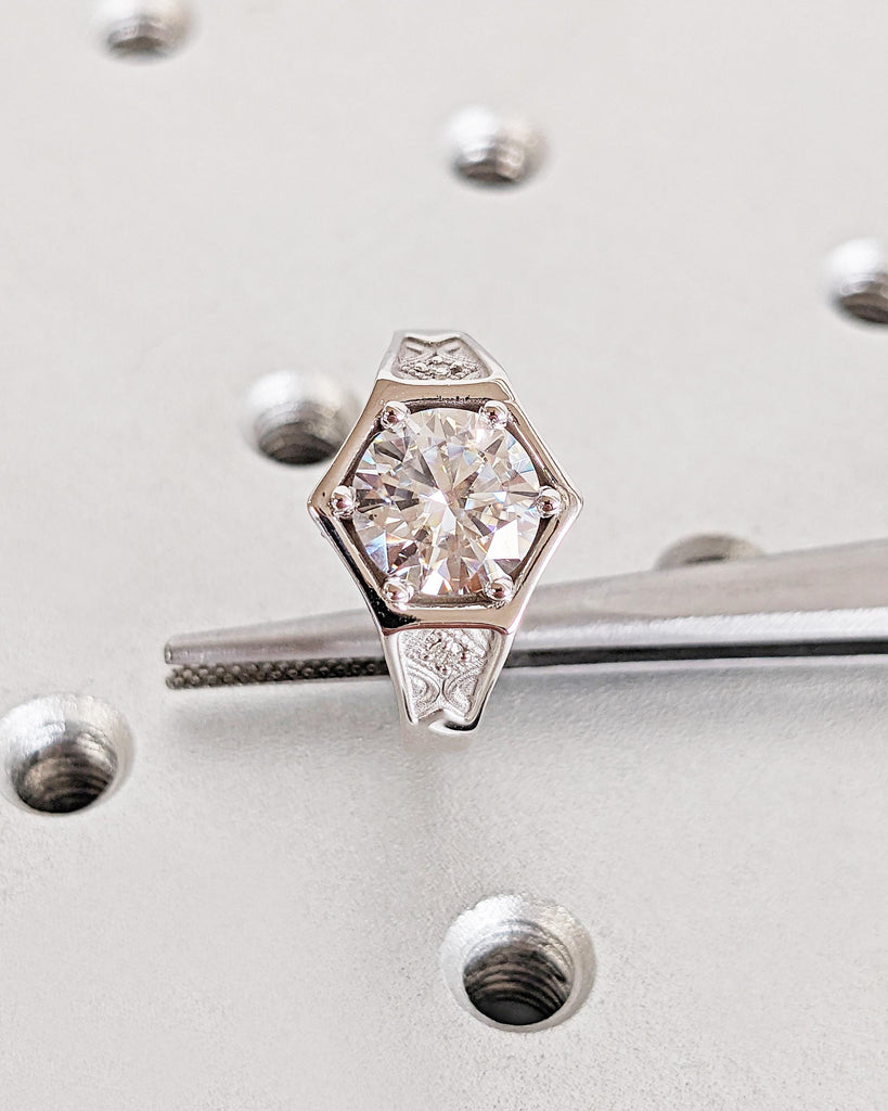 Vintage Art Deco Moissanite Engagement Ring, Antique Inspired Unique Hexagon Ring, 14K White Gold Anniversary Promise Ring Gift, Signet Ring