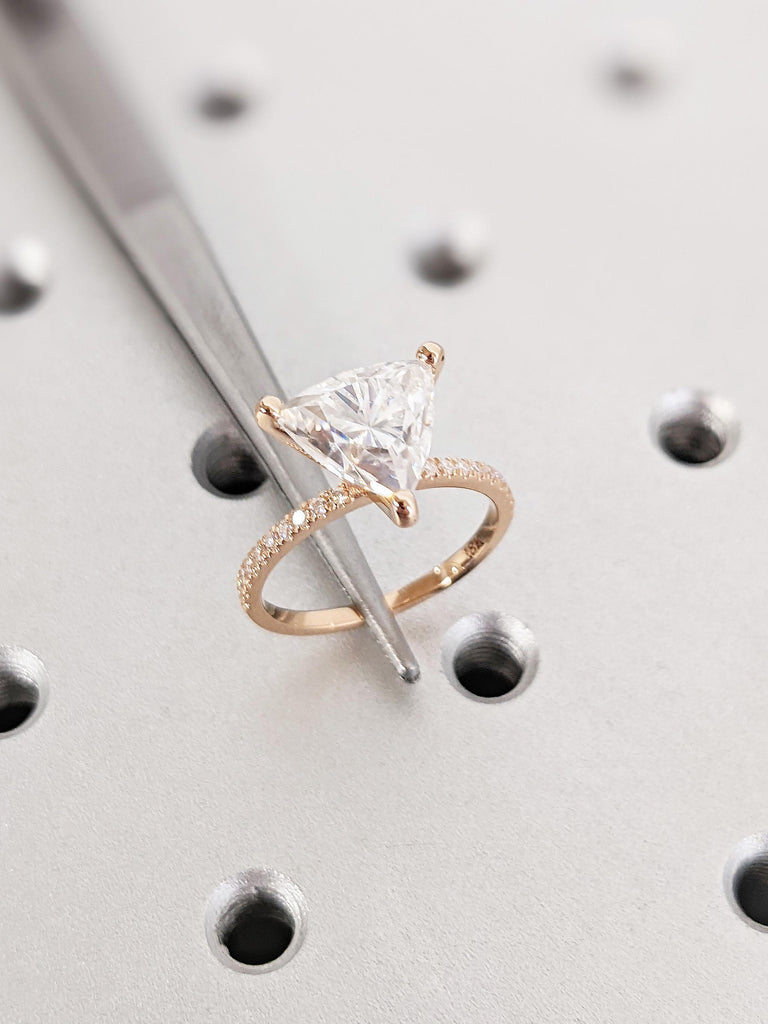 18K Rose Gold Trillion Cut Moissanite Engagement Ring, Prong Band Wedding Ring, Rose Gold Stackable Promise Ring, Dainty Ring Gift for Her