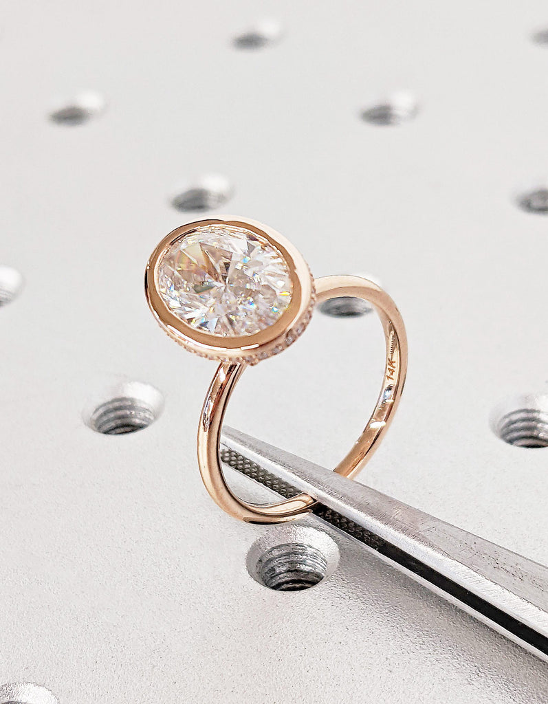 14k Rose Gold Oval Cut Moissanite Engagement Ring, Bezel Set Hidden Halo Diamond Wedding Ring, Custom Rose Gold Anniversary Ring For Her