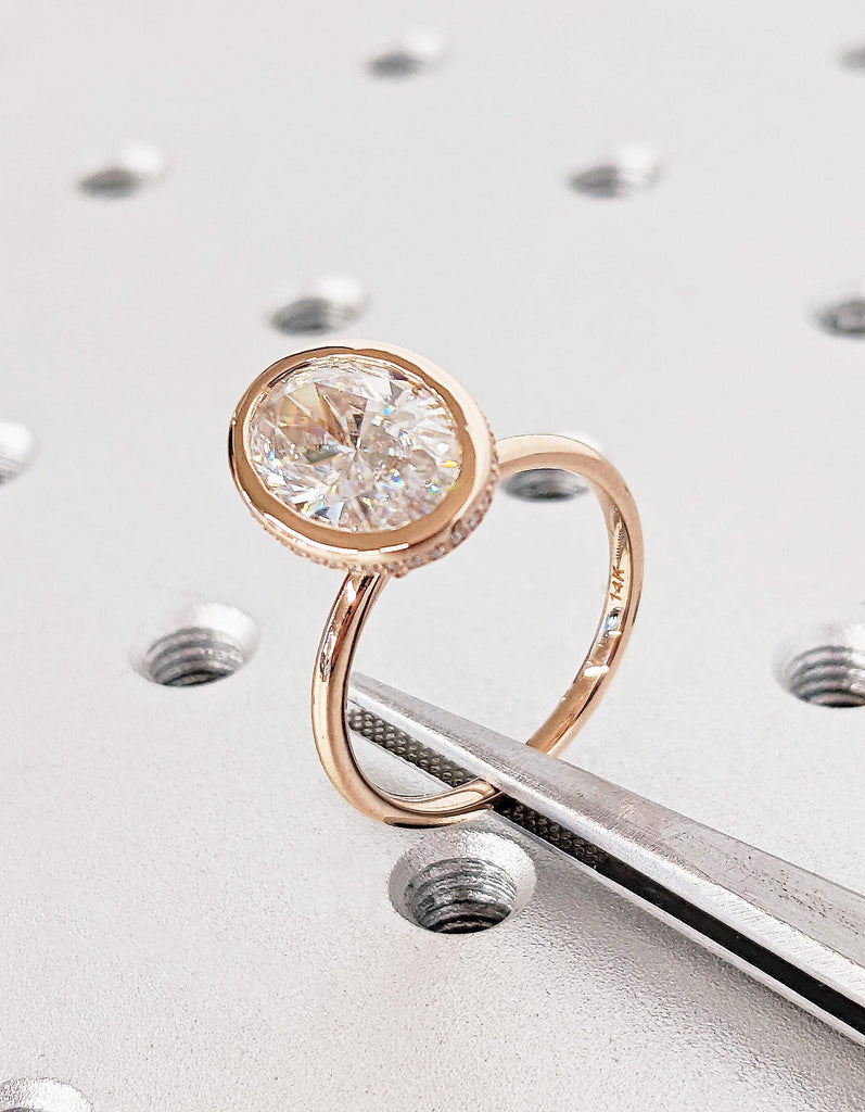 14K Solid Rose Gold Lab Diamond Wedding Ring, Oval Cut Lab Grown Diamond Forever Ring, Sleek Pavé Hidden Halo Diamond Ring, Promise Ring