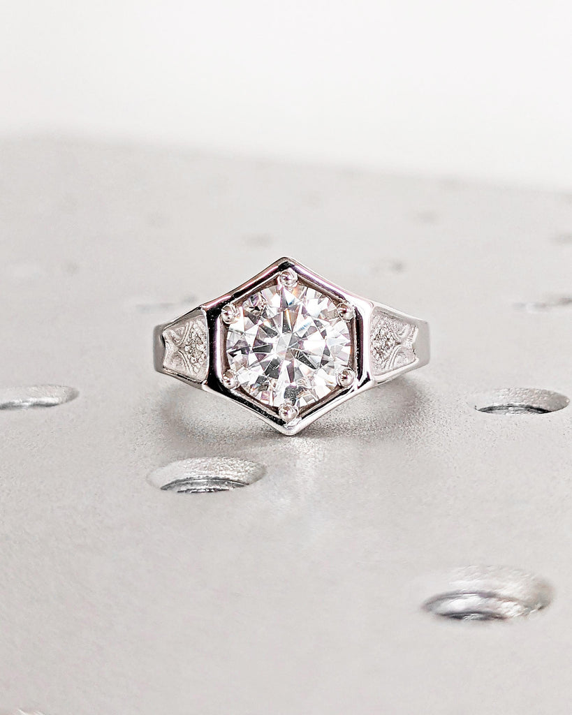 Vintage Art Deco Moissanite Engagement Ring, Antique Inspired Unique Hexagon Ring, 14K White Gold Anniversary Promise Ring Gift, Signet Ring