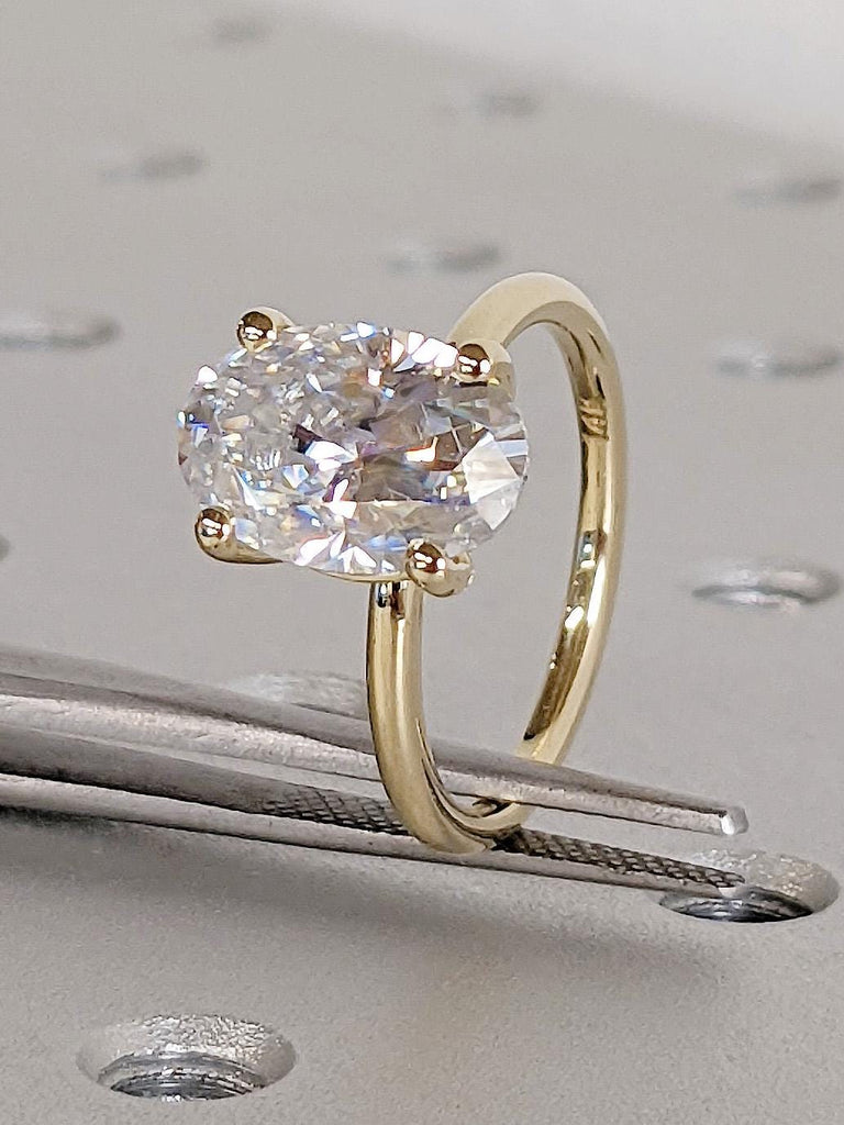 Crushed Ice Oval Moissanite Engagement Ring, 14K Yellow Gold Thin Band Solitaire, Dainty Promise Ring, Gold Rings for Women, Gift For Her