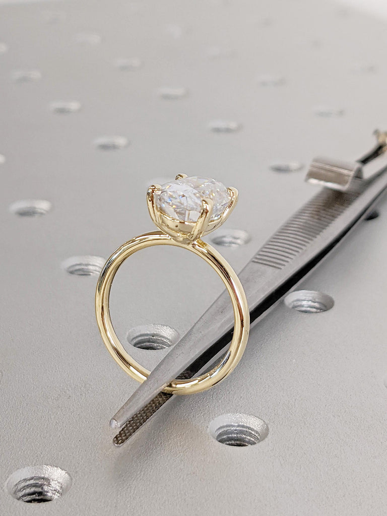Crushed Ice Oval Moissanite Engagement Ring, 14K Yellow Gold Thin Band Solitaire, Dainty Promise Ring, Gold Rings for Women, Gift For Her