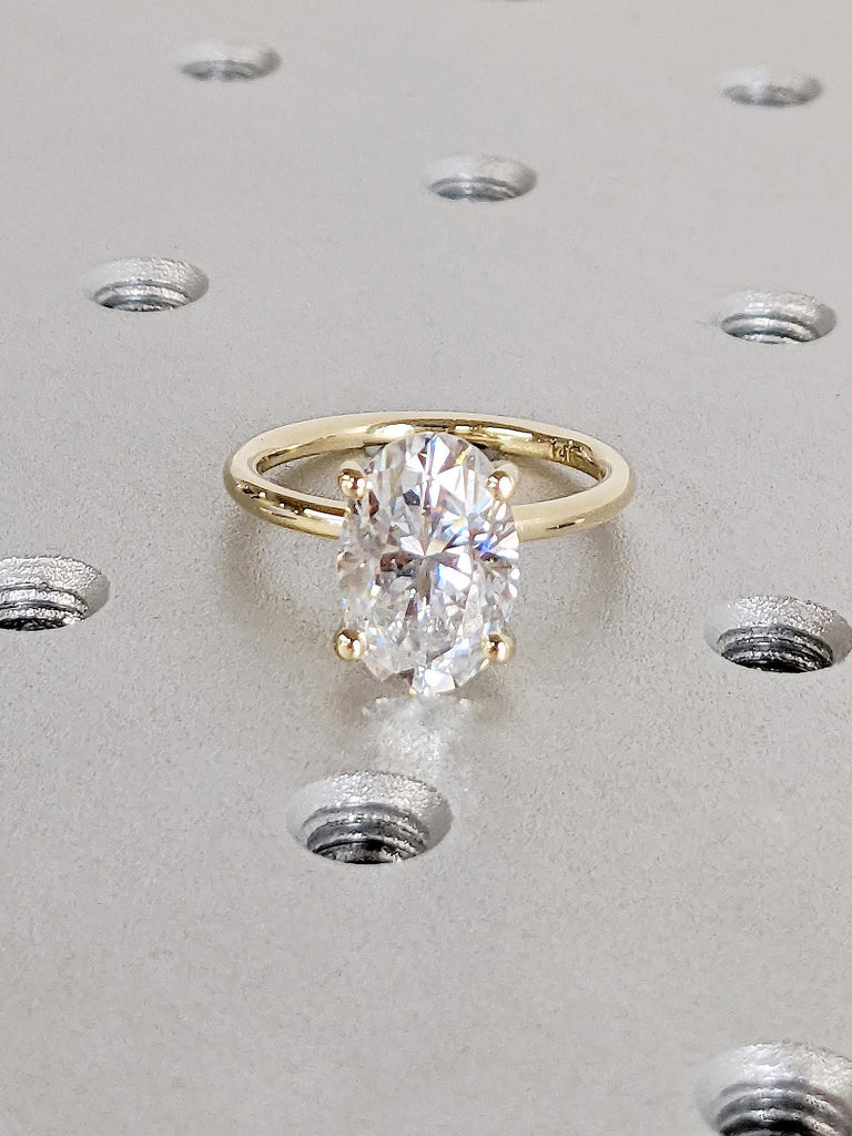 Crushed Ice Oval Moissanite Engagement Ring, 14K Yellow Gold Thin Band Solitaire, Dainty Promise Ring, Gold Rings for Women, Gift For Her