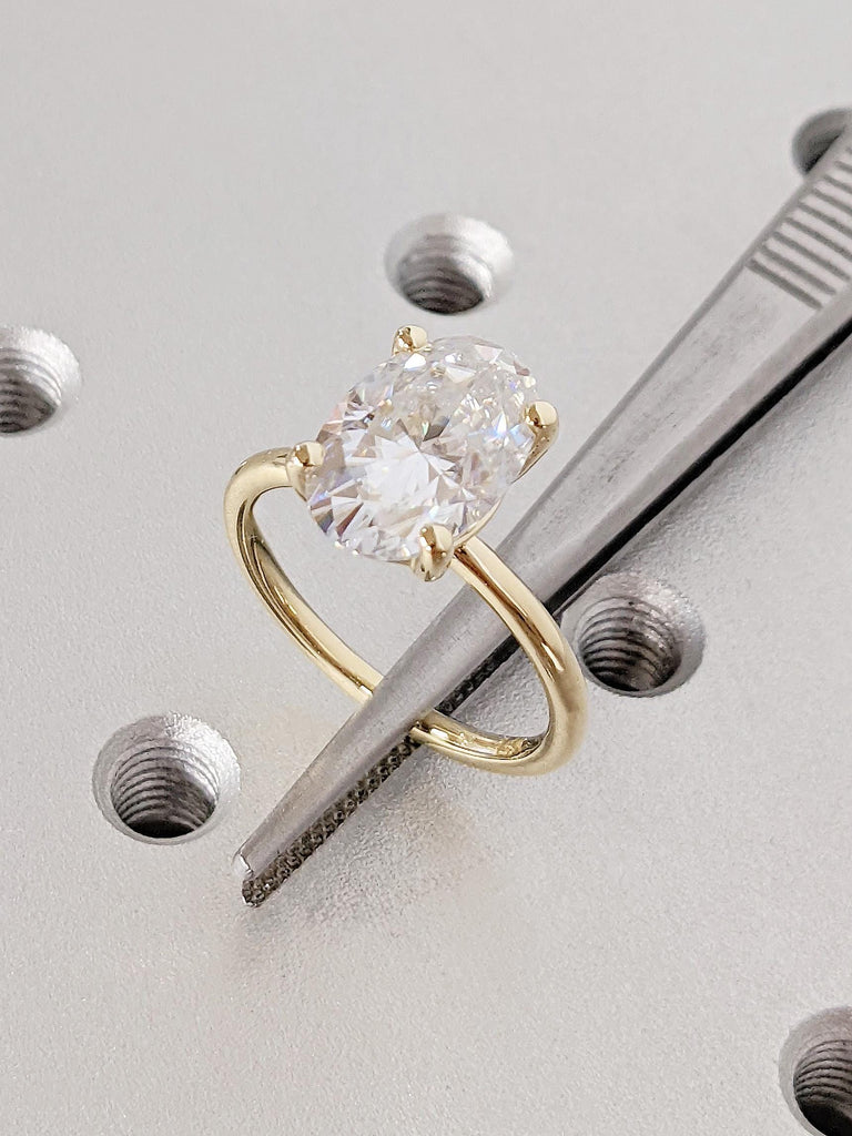 Crushed Ice Oval Moissanite Engagement Ring, 14K Yellow Gold Thin Band Solitaire, Dainty Promise Ring, Gold Rings for Women, Gift For Her