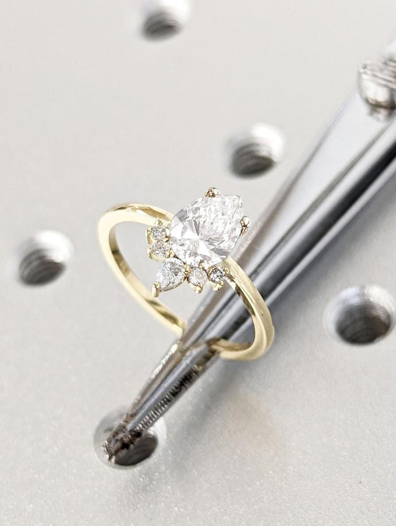 Unique Half Halo Ring | White Moissanite Ring | 1 Carat Engagement Ring Pear cut | Art Deco Ring