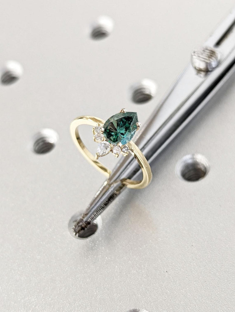 Unique Half Halo Art Deco Promise Ring | Green Moissanite Thin Gold Ring | 1 Carat Engagement Ring Pear cut | Woman Bridal Ring