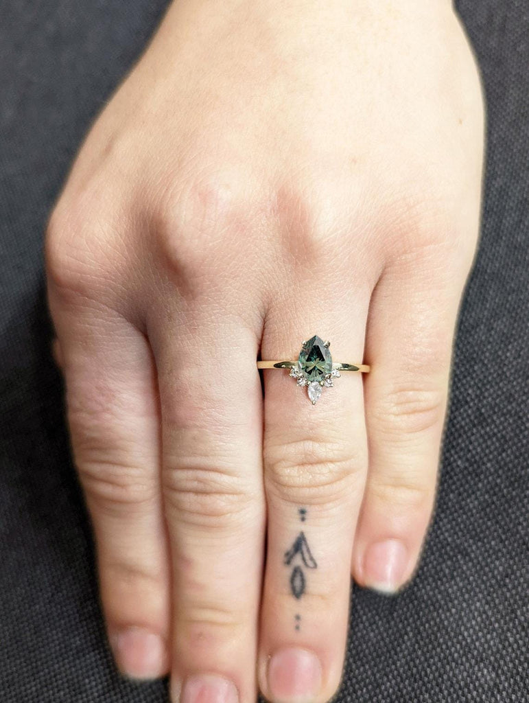 Pear cut Green Moissanite Half Halo Engagement Ring | 14k 18k Gold Wedding Ring | Diamond Cluster Ring | Delicate Engagement Ring | Promise Ring