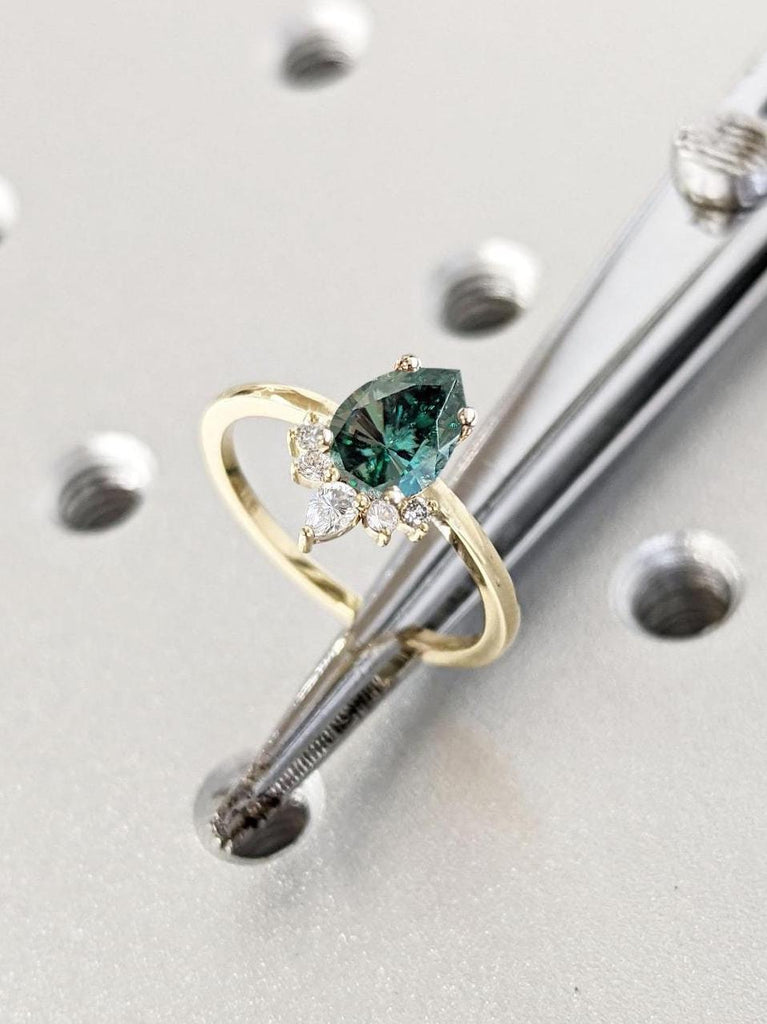 Unique Half Halo Art Deco Promise Ring | Green Moissanite Thin Gold Ring | 1 Carat Engagement Ring Pear cut | Woman Bridal Ring